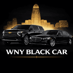 Black car and Buffalo skyline for black car service vs rideshare Buffalo NY guide