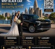 Bride standing beside a black SUV for wedding transportation in Buffalo NY